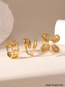 3pcs Set Luxury Stainless Steel Delicate Flower & Heart Open Ring For Women - Multicolor - View 4