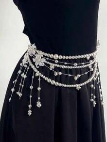 1pc Elegant Pearl Rhinestone Floral Tassel Multilayer Waist Chain, Unique Fashionable Sexy Waist Belt For Women, Party/Holiday Gift - 多色 5 - 查看 10