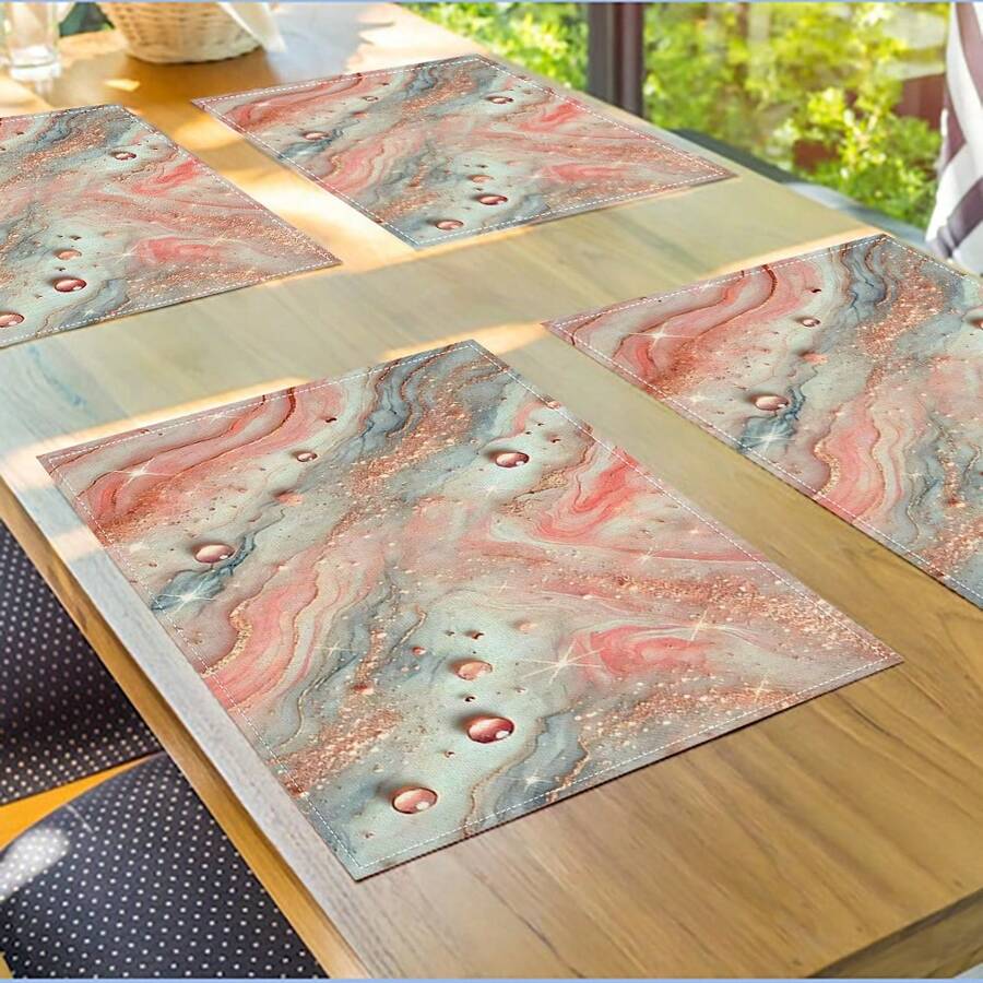 2/4/6 件装粉色蓝色金色大理石纹餐垫,12.5*16.5 英寸可机洗长方形桌垫,非常适合厨房和餐厅装饰、节日庆祝活动和台面装饰。 - 粉色 - 查看 1
