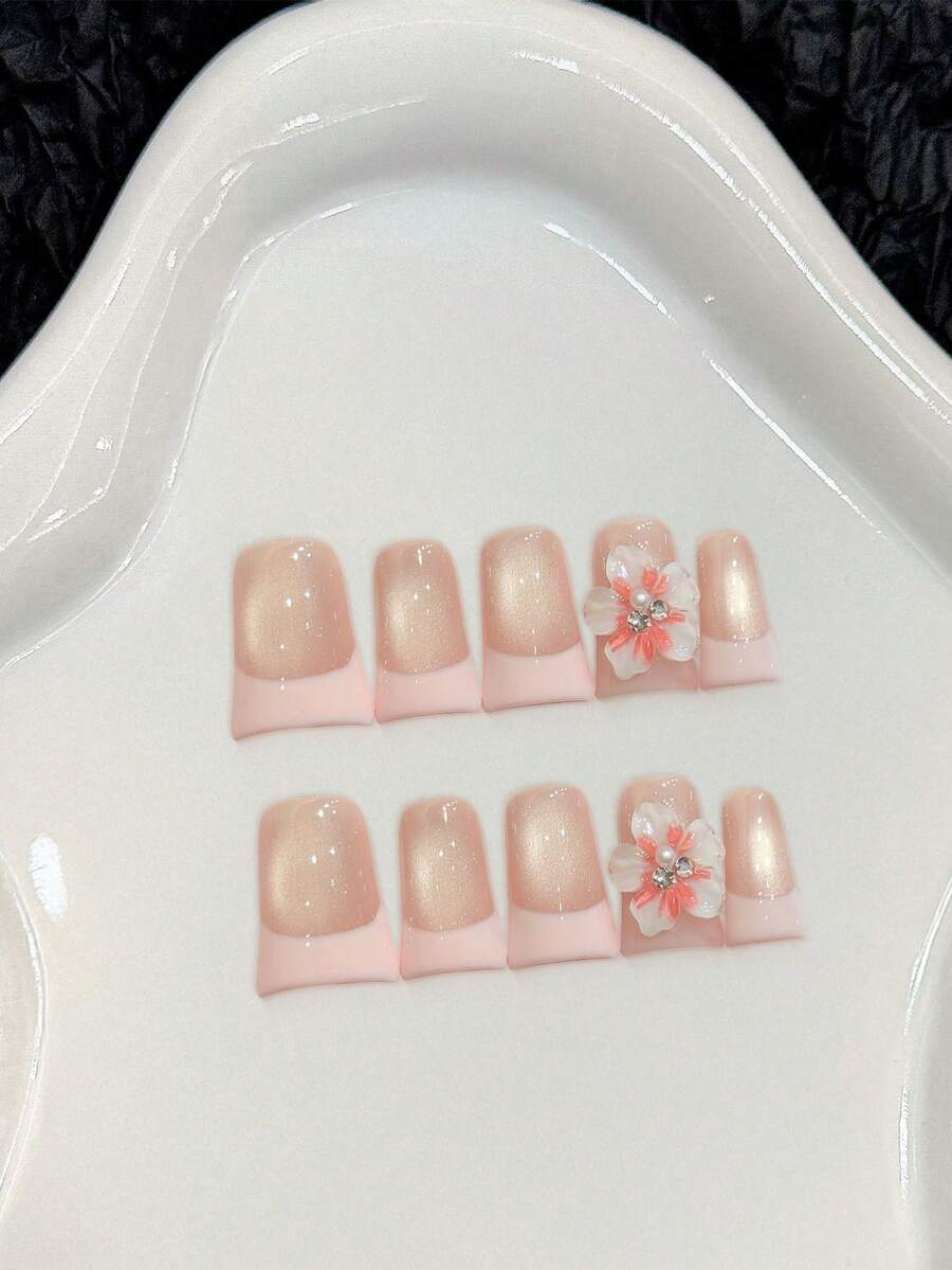 10片短款鴨嘴裸粉色貓眼法式3D手工假指甲,適合婚禮派對 - 粉色 - 查看 1