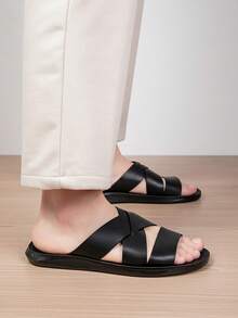 男士凉鞋 夏季新款交叉绑带软底沙滩度假风拖鞋 舒适防滑时尚个性化室内外两用拖鞋 - 全黑色 - 查看 9