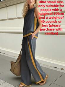 Luxury Linen Blend Contrasting Dark Gray Yellow Edge Sleeveless Top+Loose Wide Leg Pants Women's Casual Suit | Luxury Minimalist Fashion Temperament Personalized Style Suitable For Spring And Summer Daily Street And Leisure Commuting Occasions Styling - Black and Gray - View 11
