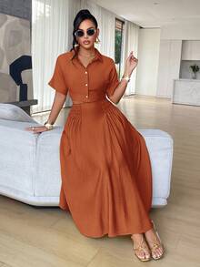 AIJ Conjunto de 2 piezas de mujer Amarilo en color amarillo lima - Camisa corta de manga corta y falda plisada de cintura alta tipo maxi, atuendo sexy para vacaciones en la playa, elegante para el verano - Óxido marrón - Ver 5