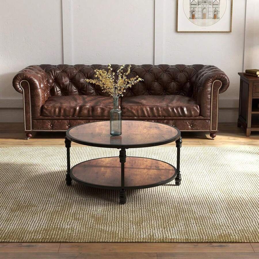 Juego de mesas anidadas redondas de 2 niveles con estante de almacenamiento en madera y metal resistente montaje sencillo estilo clásico para hogar - Marrón - Ver 1
