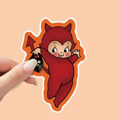 1/2/5张可爱红色恶魔乙烯基贴纸 - 趣味卡通恶魔手持叉子贴纸 - 防水模切贴纸，完美适用于笔记本电脑、水瓶、手机、爱书人士和读者、返校季、绘画、花瓶装饰、工作或激励提醒的搞笑礼物、学习用品、上帝、家居装饰、教室、定制贴纸、耶稣、自我关爱、剪贴簿用品、字母贴纸、汽车保险杠、头盔、摩托车以及青少年复古可爱美学装饰