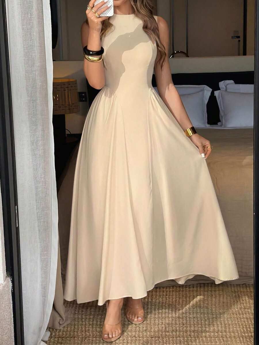 Vestido elegante de mujer Unadoll con cuello redondo, sin mangas, cremallera en la espalda, diseño plisado en el bajo, adecuado para vacaciones, citas, cumpleaños, fiestas y uso en primavera y verano - Albaricoque - Ver 1