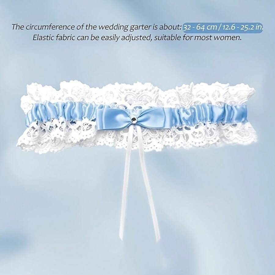 Elastic Wedding Lace Garter With Blue Ribbon - Jacquard Woven Lace-Up Design, Suitable For 15-23inch Thighs, Ideal For Weddings, Parties, And Special Occasions - Gift For Women (Blue/White), Wedding Accessory, Party Outfit, Decorative Lace Garter, Exquisite Lace Design - 白色 - 查看 1