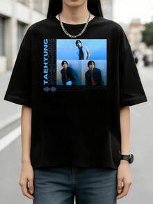 T-shirt in cotone unisex con grafica di citazioni estetiche blu di Kim Taehyung (V) - nero - Visualizzare 1