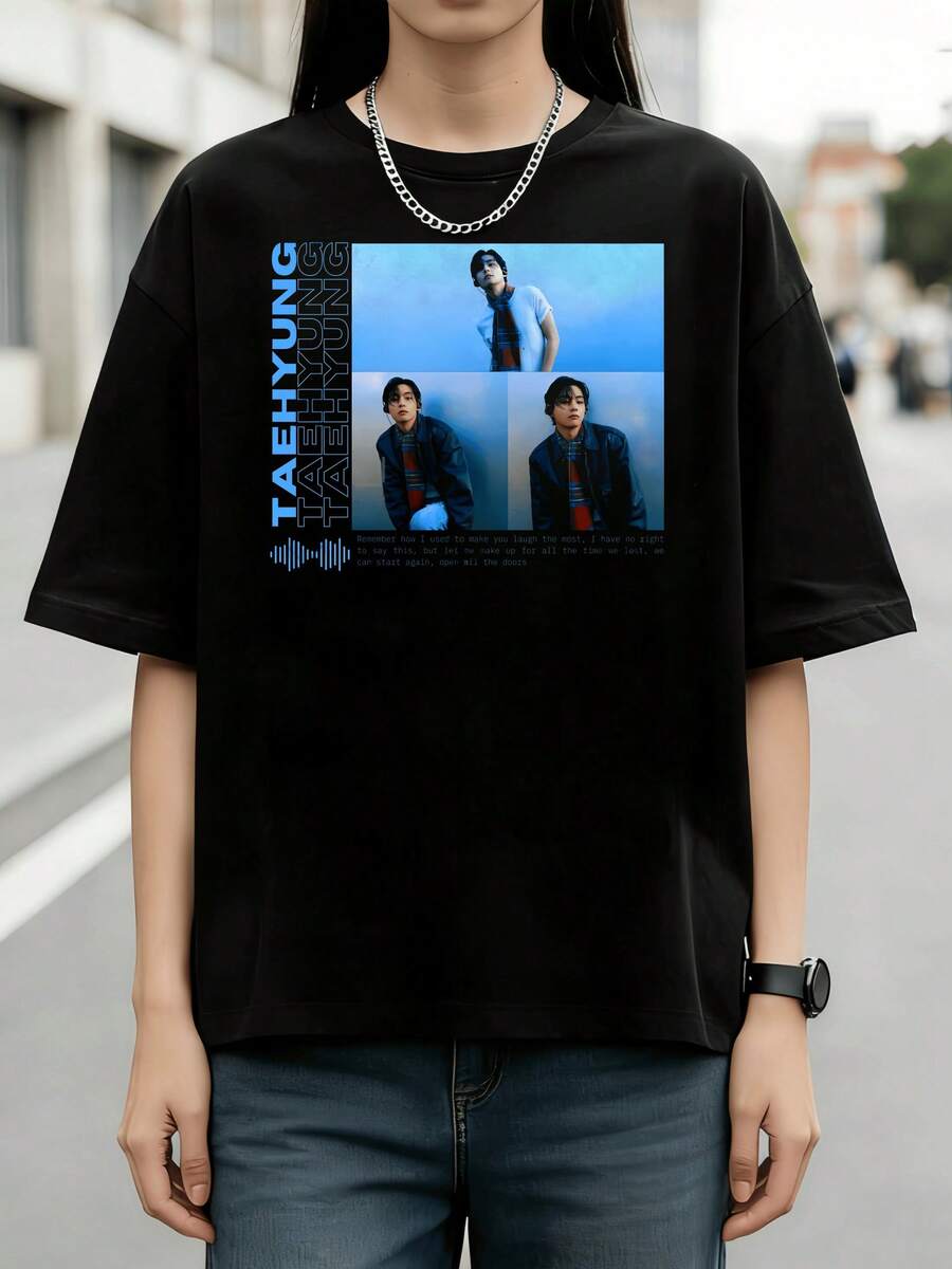 T-shirt in cotone unisex con grafica di citazioni estetiche blu di Kim Taehyung (V) - nero - Visualizzare 1