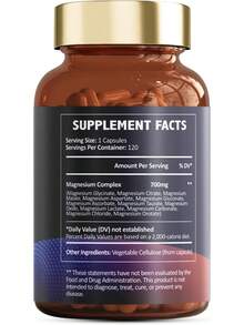 Magnesium Complex 700mg 12 In 1 Magnesium Supplement With Glycinate Citrate Malate Oxide Taurate Aspartate Orotate Magnesium Relaxation,Muscle,Heart Support, Vegan 120 Capsules - 120 cái (Gói 1) - Xem 6