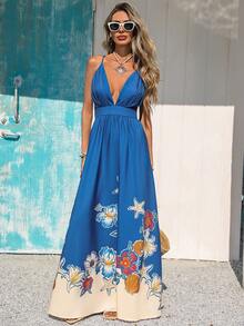 Women's Casual Vacation Dress, With Print And Backless Design, Elegant And Stylish, Halter Neck Style With A Full Skirt. - 寶藍色 - 查看 4