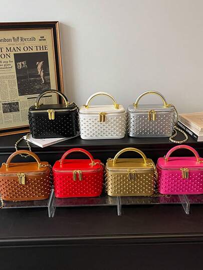 PU-Leder Perlenhandtasche mit Reißverschluss, Y2K süßer Stil Boxhandtasche für den Alltag, den Arbeitsweg, Partys, Hartschalen-Quadratische Tasche für Dates, Abende, Lunchbox-Tasche für Frühlings-/Sommerreisen