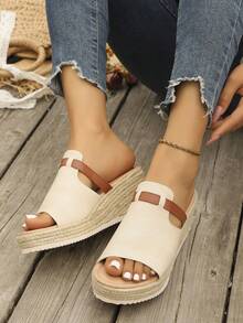 Women's Straw Wedge Rope Open Toe Slippers, Thick Sole Elevated Summer Outdoor Sandals - Beige - View 2