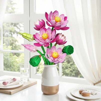 Lotus Flower & Vase Building Block Creative Flower Bouquet Model, Desktop Decor DIY Gift, Stress Relief, Enjoy Quiet Solitude, Suitable For Gifting