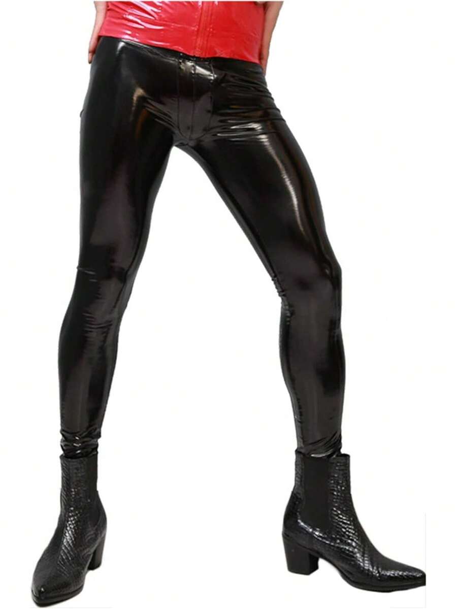 Men Sexy Patent Leather Leggings Casual Pants Shiny Leather Trousers High Elasticity Tight Little Leg Pants Nightclub Bar DS Performance Wear - Black - View 1