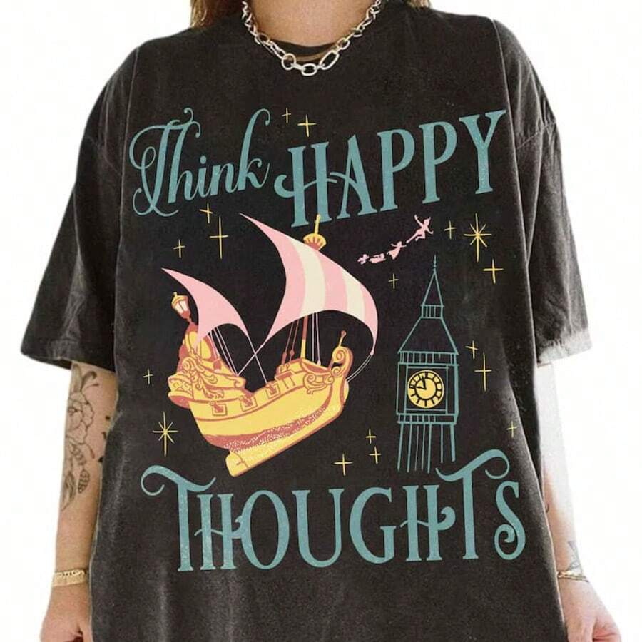 Pan Think Happy Thoughts Shirt, Vintage   Peter Pan T-Shirt,   Fairies T-Shirt, Neverland Shirt, Disneyland Famil - 黑色 - 查看 1