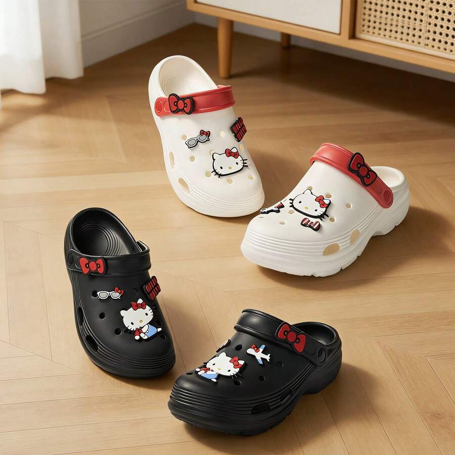 Miniso 名创优品三丽鸥Hello Kitty木屐,厚底设计,透气孔结构,防滑厚底,夏季户外拖鞋(1双) - 彩色 - 查看 1
