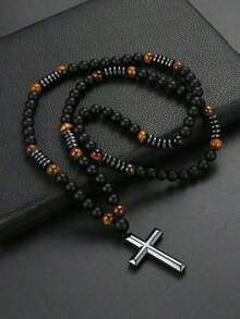 1pc Retro Natural Yellow Tiger Eyes Black Beaded Stone Men Necklace Suitable Daily Wear - Black - View 6