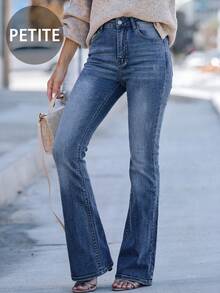 2025新款欧美极简街头风休闲通勤修身喇叭牛仔裤，适合娇小女性，春季款 - 深色水洗藍 - 查看 2