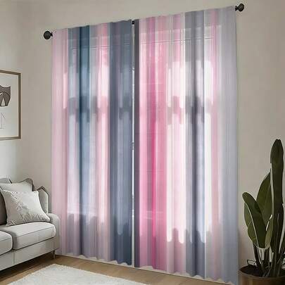 2pcs Fashion Pink-Grey Striped Pattern Semi-Blackout Bedroom Curtains, Drill-Free Rod-Pocket Design, Rod Pocket Hanging, Modern Style Curtains For Living Room And Kitchen, Suitable For Home Decoration, Room Decoration And Household Partition, Made Of Polyester, Machine Washable And Hand Washable