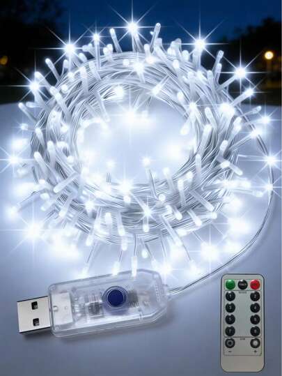 Dây đèn LED trang trí 8 chế độ, cổng USB 5V, điều khiển từ xa, dây PVC, ánh sáng trắng dịu mát, thích hợp trang trí đầu giường, đám cưới, tiệc tùng, sinh nhật, Giáng sinh, sân vườn, ban công, phòng ngủ, tạo không khí lễ hội và làm quà tặng.