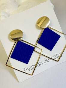 imoli 1 Pair Vintage Copper Geometric Square & Round Hoop Earrings For Women, Creative Gift - (The Square Pieces May Vary In Pattern Depth And Details Due To Batch Differences) - 9814-4-blue - View 6