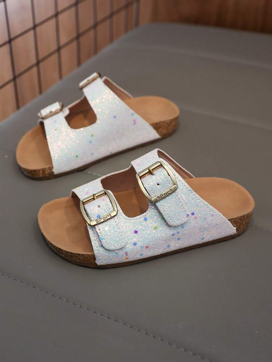 Sandales à glissière pailletées pour enfants - Dessus en faux daim et semelle en liège doux, confortables pour l'intérieur et l'extérieur - Argent - Voir 1