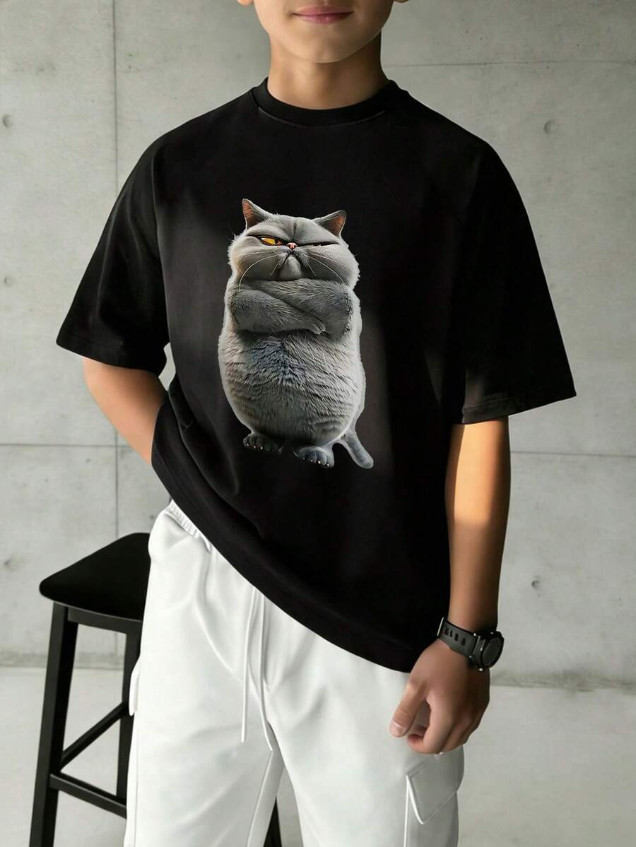 1件猫咪印花深灰色短袖T恤,青少年学生休闲装,适合夏季青少年男孩穿着 - 黑色 - 查看 1