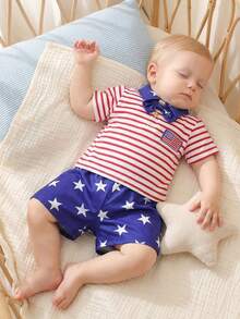 Baby Boy 4th Of July Outfit Patriotic Short Sleeve Flag Embroidery Striped Romper With Star Print Shorts 2Pcs Set , 4th Of July Baby Boy Outfit  0-3Months 3-6Months 6-12Months12-18Months - 彩色 - 查看 6