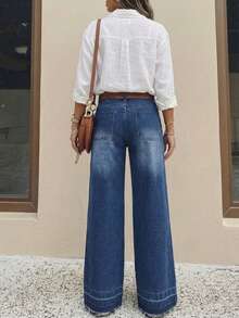 UMINOW Quần jean nữ ống rộng dáng casual, không co giãn, có túi và khóa kéo, thích hợp mặc hàng ngày vào mùa thu. - Màu xanh lam - Xem 5