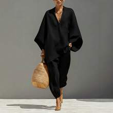 2026 Spring/Summer Fashion Women's Casual Style Bat Sleeve V-Neck Loose-Fit Outfit - Màu Đỏ Sâu - Xem 10