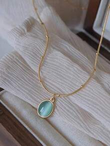 1pc Minimalist Stainless Steel Bohemian Turquoise Oval Pendant Necklace, Suitable For Daily Wear - 黃金 - 查看 8
