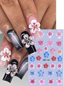2片装5D芙蓉花美甲贴纸，粉色和蓝色花瓣图案，自粘式美甲装饰，适合夏季海滩、泳池派对、日常佩戴，女士适用。 - 彩色 - 查看 5