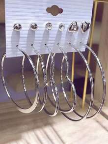 6Pairs/Set Exaggerated Fashion White Tower C-Shape Heart Large Hoop Stud Earrings - Perfect Valentine's Day & Mother's Day Gift For Mom - Bạc 2 - Xem 1
