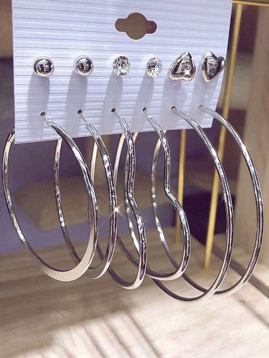 6Pairs/Set Exaggerated Fashion White Tower C-Shape Heart Large Hoop Stud Earrings - Perfect Valentine's Day & Mother's Day Gift For Mom - Bạc 2 - Xem 1