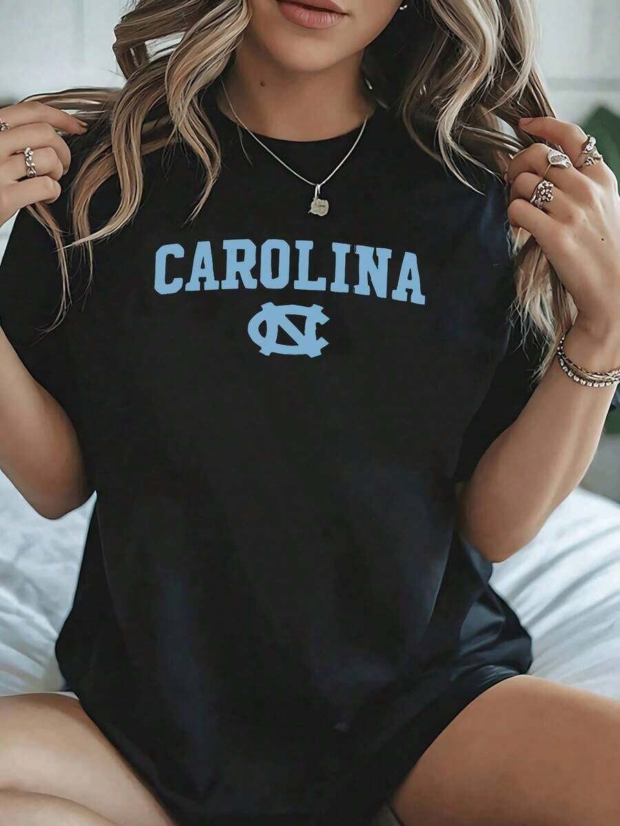 Carolina Logo Women's Graphic Printed Cotton TShirt, Casual Everyday Tee For College Campus Style, Breathable & Soft Fabric, Great Gift For Big Sister - 黑色 - 查看 1