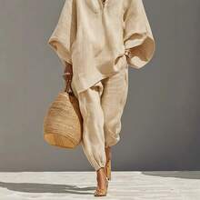 2026 Spring/Summer Fashion Women's Casual Style Bat Sleeve V-Neck Loose-Fit Outfit - 黑色 - 查看 5