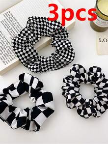 3pcs Women's Minimalist Plaid Hair Scrunchies Set, Suitable For Daily Wear In Spring And Summer Holiday Accessories Ponytail Holders Hair Elastics Hair Rubber Bands Hair Rope - Black and White - View 9