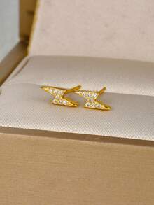 Bông tai hình tia sét bằng bạc Sterling S925 đính đá CZ, hộp quà trang sức mạ vàng không gây dị ứng. - Vàng - Xem 5