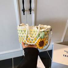 Handmade Cotton Crochet Tote Bag For Women - Summer Beach Vacation Crossbody Bag, Cute Tulip Pattern Woven Shoulder Purse, Perfect Gift For Her, Lightweight & Breathable Cotton Crochet Bag, Ideal For Beach Trips, Daily Outings & Casual Travel, Bohemian Floral Design, Multi-Purpose Handbag For Ladies & Girls - 小號黃色 - 查看 4