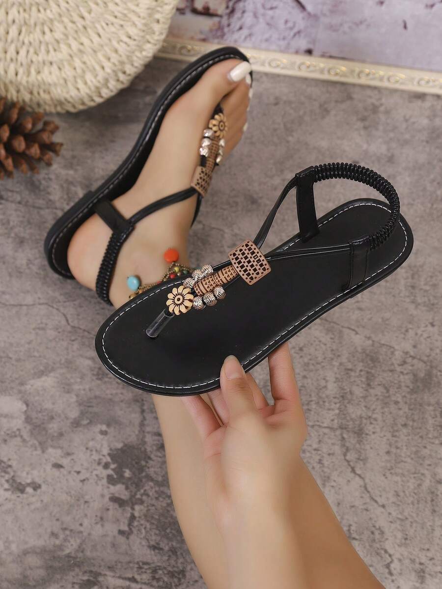 Sandal đế bằng đính hạt kiểu Bohemian cho nữ, thoải mái, gợi cảm, thời trang, thanh lịch, thích hợp đi biển hoặc đi nghỉ mát, sandal đế bằng đính hạt bằng da PU cho nữ, mùa hè. - màu đen - Xem 1