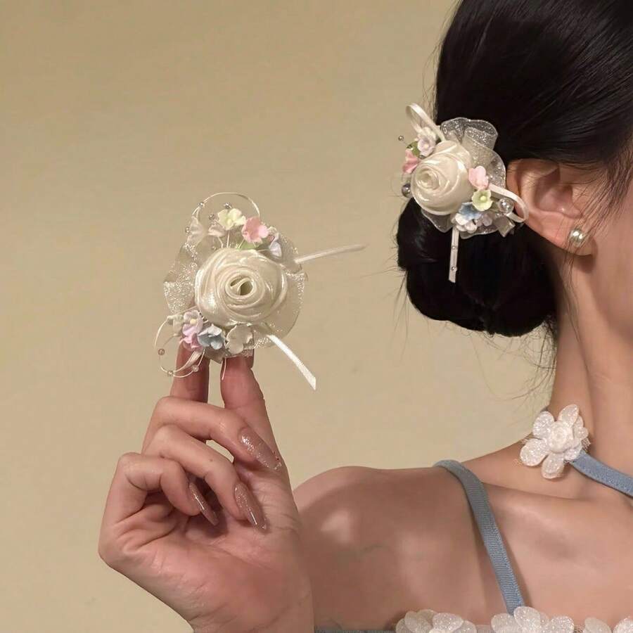 女士优雅甜美网纱玫瑰蝴蝶结发夹，适合日常佩戴，居家、学校、海滩、办公室、派对、节日、生日、返校、新年、情人节、母亲节、圣诞节、婚礼、音乐节、毕业典礼、春夏、旅行等场合，可作头饰，带爪夹。 - 彩色 - 查看 1