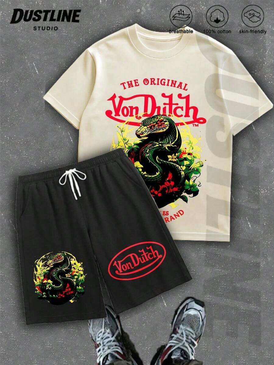 Handmade With Love Mens Creative VON-DUTCHS T Shirt And Shorts Set American Vintage Full Print Street Wear Essential Graphic T Shirt And Shorts Set With Dragon And Logo Print For Casual Outfits Summer Outfits For Women Vacation Outfits Women Summer Clothes Summer - 杏色 - 查看 1