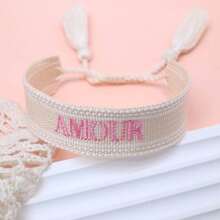 1 pieza Brazalete vintage hecho a mano con bordado francés "AMOUR" y trenzado creativo, adecuado para parejas, regalo para ocasiones especiales - Beis - Ver 6