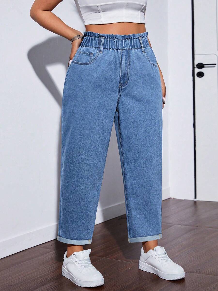 Quần jeans nữ cạp cao, ống rộng, họa tiết hoa, màu xanh nhạt, kiểu dáng lửng, thích hợp mặc mùa xuân. - Rửa nhẹ - Xem 1