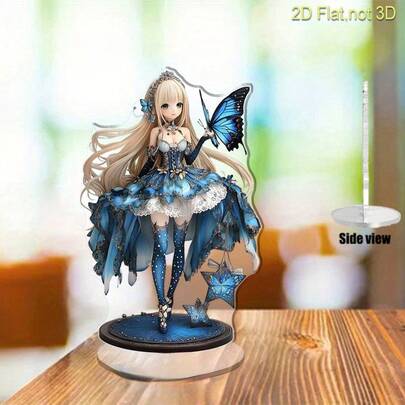 Butterfly & Star Anime Girl Statue, Wearing Elegant Blue Star Decorated Dress, Battery-Free, Ideal For Home And Office Desk Decor, Perfect Birthday Or Anniversary Gift For Anime Fans And Decor Enthusiasts, Butterfly Pattern, Delicate Details, Flat Design