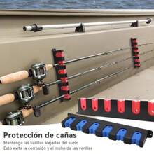 Porta Cañas de Pescar Montado en la Pared - Soporte Horizontal Con 6 Agujeros - Estante de Almacenamiento para Cañas Rojo - Rojo - Ver 5