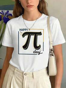 T-shirt da donna Happy Pi Day con grafica, tessuto di alta qualità, stampa di , stile street hip-hop, traspirante. - Bianco - Visualizzare 1