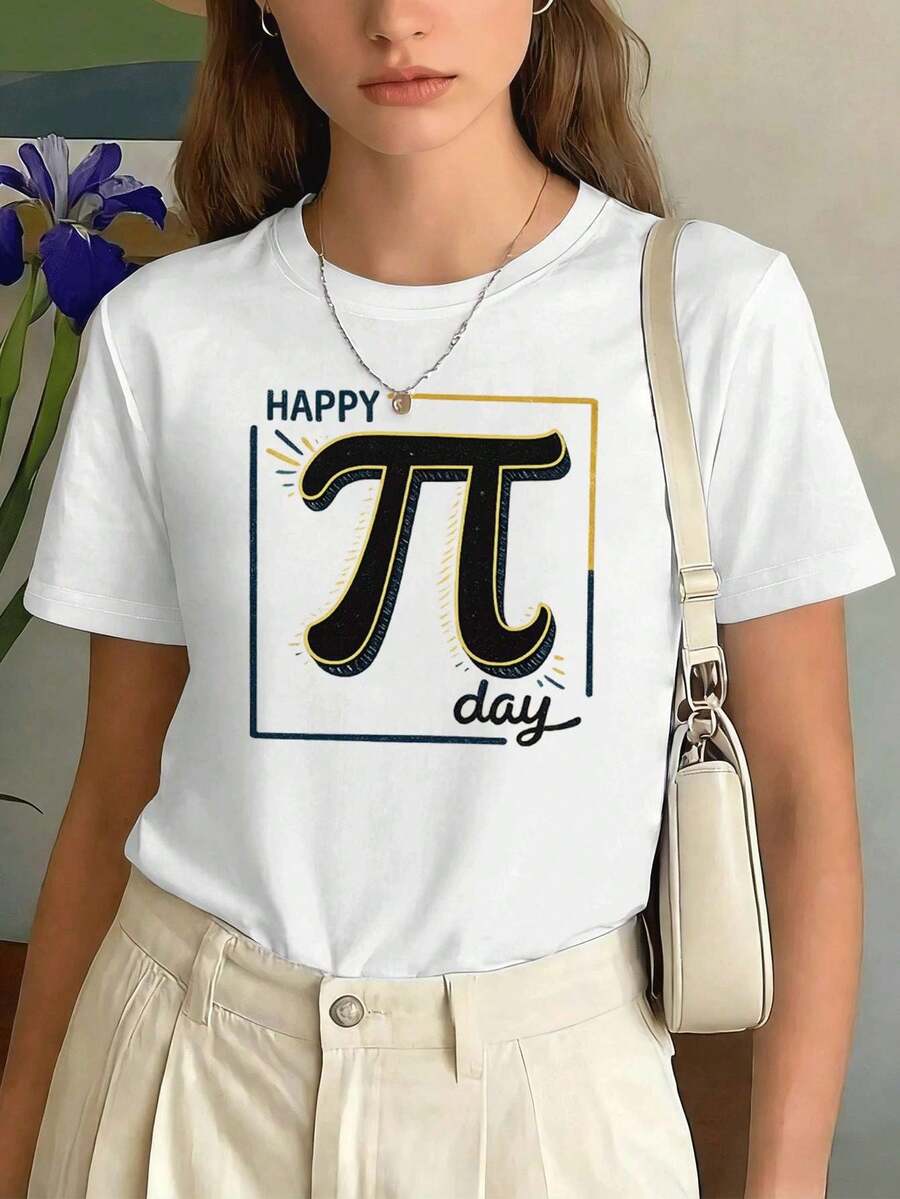 T-shirt da donna Happy Pi Day con grafica, tessuto di alta qualità, stampa di , stile street hip-hop, traspirante. - Bianco - Visualizzare 1