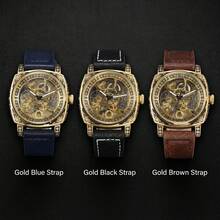 1 pieza Reloj mecánico automático hueco para hombre, reloj con correa de cuero de estilo retro y lujoso, adecuado para uso diario y como regalo - Dorado - Ver 13